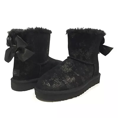 Ugg Mini Bailey Bow Glimmer Boots -black Metallic Suede -women’s Us 7 -new • $98.99