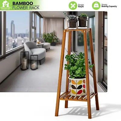 Bamboo 2 Tier Tall Plant Stand Pot Holder Small Space Table Garden Planter • $31.99