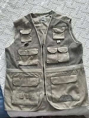 Bugle Boy Khaki Tactical Vest Size M Hunting Fishing Full Zip Cargo Pockets • $37.50
