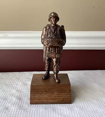 VTG US Military Airborne Trooper Copper/Brass Statue On Wooden Base 9 3/8  T. • $200