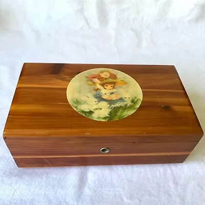 Lane Cedar Chest Jewelry Box Art Feature Vintage Little Girl Flowers Bunnies • $24