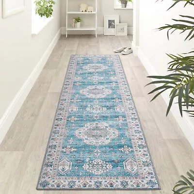 Blue Hallway Runner Rug / Grey Corridor Carpet/ Allover Anti Slip Mat 80x300cm • $47.50