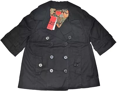 Junior Women Cotton Black Trench Peacoat Jacket Lined 3/4 Sleeve QS By S.Oliver • $24.99