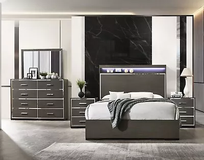 NEW Modern Gray Oak Bedroom Set Furniture W/ King Or Queen LED Lighted Bed IABR • $1754.93