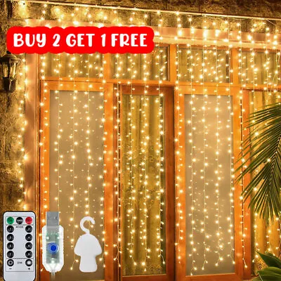 300 LED Curtain Fairy Lights Wedding Indoor Outdoor Xmas Christmas Decor W/ Hook • $18.99