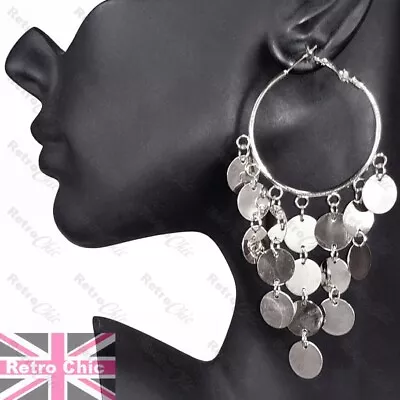 9.5cm Big CHANDELIER HOOP EARRINGS Hoops DISCS Boho SILVER TONE Gypsy Coin Drop • £3.44