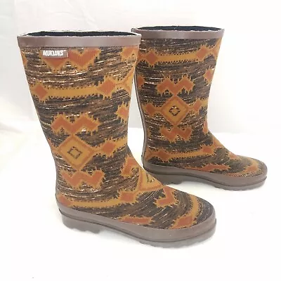 Muk Luks Tall Knit Rubber Rain Boots Pull On Southwest Aztec Print Womens Size 8 • $32.37