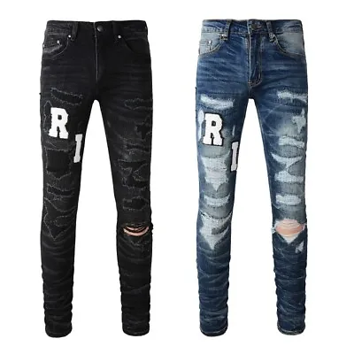 Men's Skinny Jeans With Distressed Patches Frayed Details And Letter Appliques • $59.25