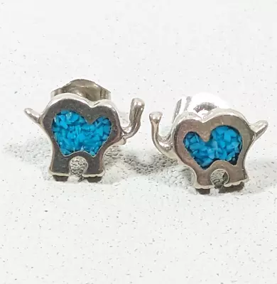 Silver Tone Turquoise Chip Inlay Elephant Small Stud Pierced Earrings Signed • $6.99