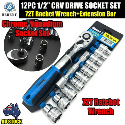 12PC CRV Dr. Sockets 72T 1/2  Drive Ratchet Wrench Extension Bar 6pt Socket SET • $36.99