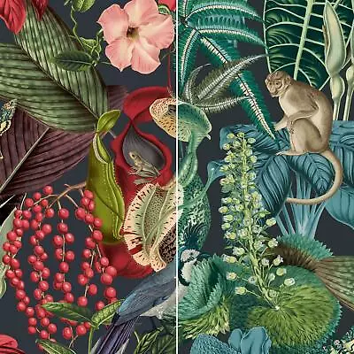 GranDeco Amazon Exotic Flowers Leaves Fruit Animal Wallpaper - Blue Red • £2.99