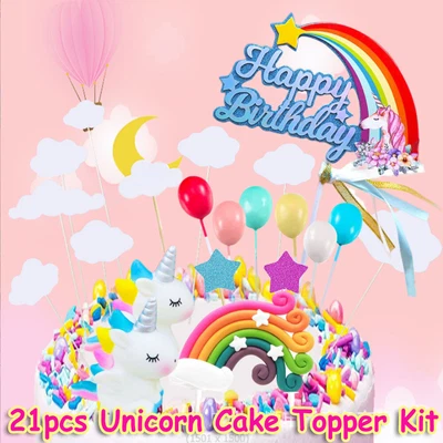 $13.49 • Buy 21Pcs/Set Unicorn Cake Topper Kit Cloud Rainbow Happy Birthday Banner Decoration