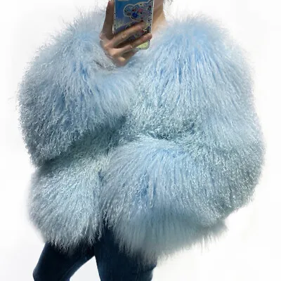 Women Cropped 100% Mongolian Fur Coat Solid Warm Luxury Fashion Winter Jacket • $278.67