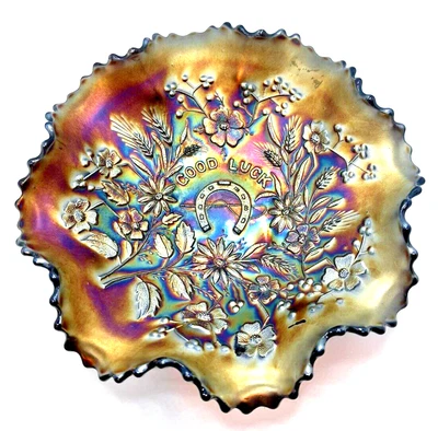 $79 • Buy Vintage Carnival Glass Northwood GOOD LUCK Iridescent Bowl Dish Horse Shoe