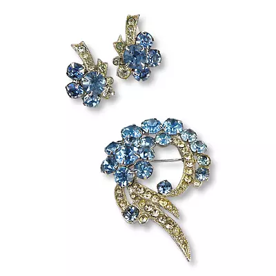 Vintage Eisenberg Baby Blue Clear Rhinestone Matching Brooch Clip On Earrings • $249.99