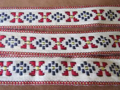 Vintage Yardage Jacquard Cotton Trim Ribbon Insert Geometric Red Blue Per/Yard • $3