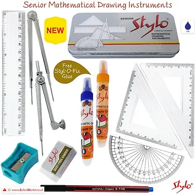 £4.99 • Buy STYLO Senior Maths Geometry Tin Compass Divider Ruler Protractor Squares Eraser