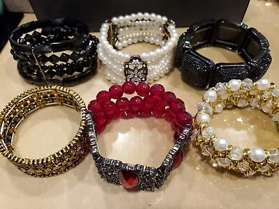 6 Gorgeous Fancy Stretch Bracelet Lot Rhinestones/faux Pearls/crystals • $18.99