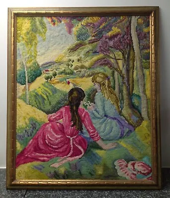 Vintage Handmade TWO GIRLS IN THE PARK Picnic Needlepoint COLORFUL Framed LARGE • $95