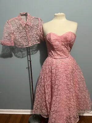 Vintage Pink Lace Prom Dress With Bolero Jacket • $81
