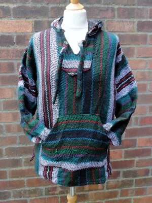 £10 • Buy Mexican Baja/Jerga/Festival/Surf Hoodie Top. Dark Green/Red/Black.  Unisex S/M