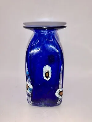 Herb A. Thomas Cobalt Blue Millefiore Flower Blown Art Glass Vase Bottle 5.5” • $140