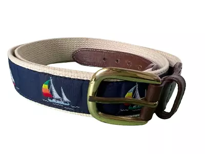 Canterbury Belt Mens Nautical Sailboat Woven Leather Trim Solid Brass Buckle 42 • $19.95