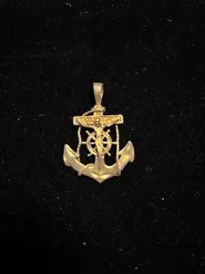 Solid 14 Kt Gold Nautical Necklace Pendant Crucifixion Christ Ship Wheel Anchor • $102.50