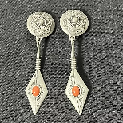 $39.99 • Buy Ben-Amun Vintage Clip On Earrings Brushed Silver Coral Stone Dangle 3.25”