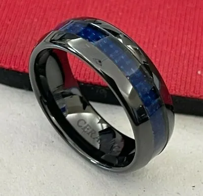 8mm Men Or Woman Ceramic With Blue Carbon Fiber Police Stripe Band Ring • $22.46