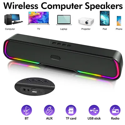 Computer Speaker Bluetooth PC Speakers Stereo Bass Laptop TV Sound Bar RGB Light • £15.99