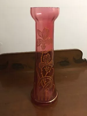 1900 Antique Art Nouveau Moser Enameled Cranberry Glass Vase Orchid /Iris Flower • $35