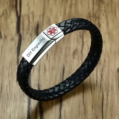 Men Medical Alert ID Braided Leather Bracelet Bangle Magnet Clasp Free Engraving • $14.59