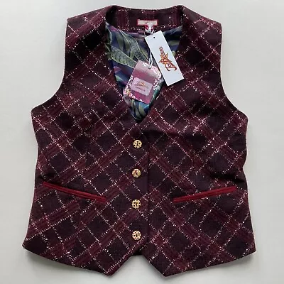 Joe Browns Woman’s Dark Red Burgundy Check Fitted Waistcoat Size UK 12 Tweed New • £24.95