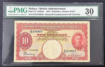 Malaya Straits Settlements 10 Dollar 1941 PMG 30 VF S/N: D33 070923 • $308