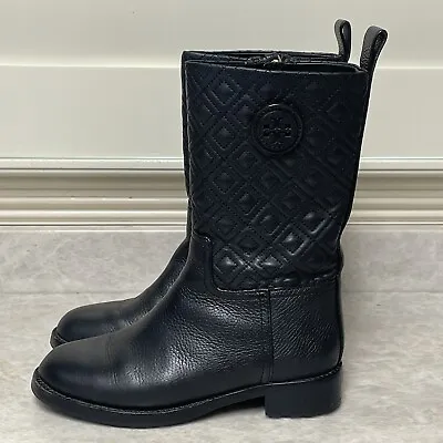 Tory Burch Womens Marion Boots Short Quilted Calf-High Black Leather Zip Size 6M • $90.16