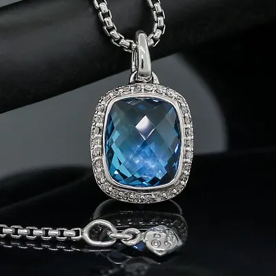 David Yurman 10x12mm Blue Topaz Diamond Noblesse Pendant Necklace 925 Silver • $675