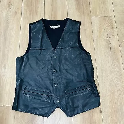 Men’s Black Leather Size S Vintage Waistcoat Satin Back Vest St Bernard  • £24.99