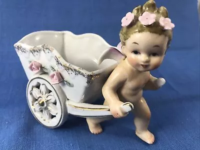 Planter Napco Japan Ceramic Cupid Angel Cherub Pulling Wagon Cart-S209B Vintage • $29.88