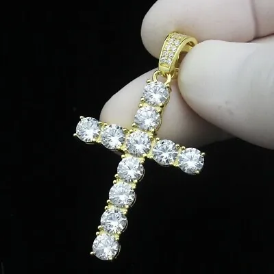 14K Yellow Gold Plated 3 CTW Round Moissanite Cross Wedding Pendant 18  Chain • $137.75