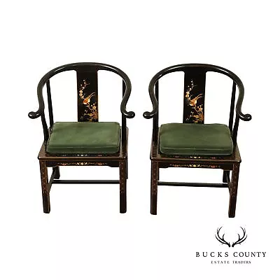 Traditional Chinese Style Pair Of Horseshoe Back Armchairs • $1095