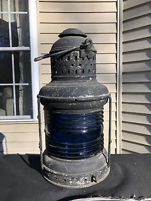 Rare Huge Antique Ship's Masthead Maritime Marine Lantern W/ Blue Glass Globe • $399