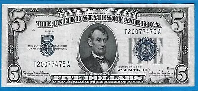 1934 D $5 Silver Certificate NoteWide I VArietyBlue SealCirc CH VFNice! • $5