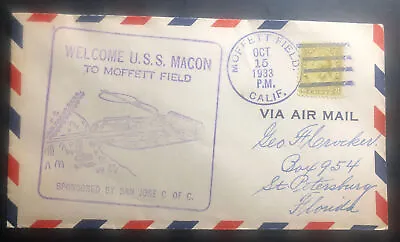 1933 USS Macon Airship Zeppelin Cover Moffett Field CA USA To St Petersburg FL • $25