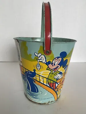 Vintage J. Chein Walt Disney Mickey Mouse Donald Duck Pluto Goofy Tin Sand Pail • $124.95