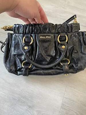 Miu Miu Vitello Shine Black Leather Top Handle 2 Way Shoulder / Tote Bag • $550