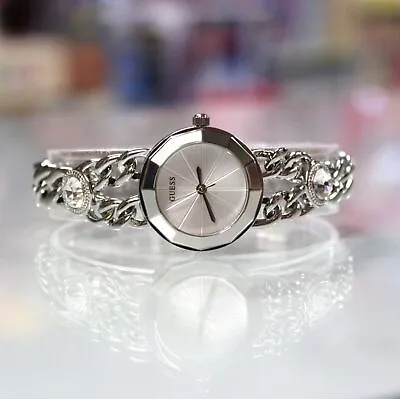 Guess Women's Silver Tone Pretty Petite Stainless Steel Crystal Chain 25mm Watch • $54.99