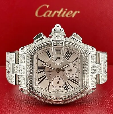 $9999 • Buy Cartier Roadster XL Men's Watch Silver Dial 43mm Iced Out 12ct Diamonds Ref 2618