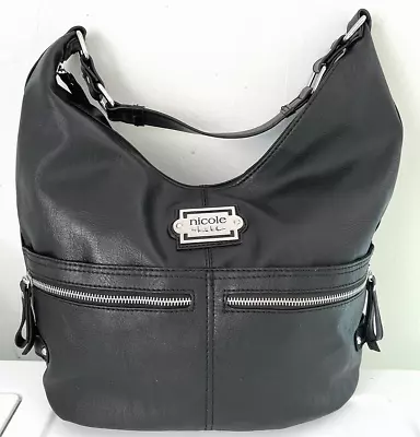 Black Nicole Miller Faux Leather Designer Purse Shoulder Hobo Bag 13 X12 X6  • $19.99