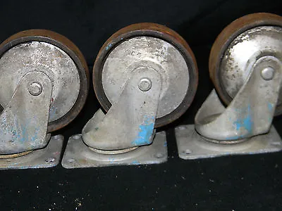 3 Vintage Industrial Factory Cart Wheels Swivel Metal Ornate Blue Steampunk • $30